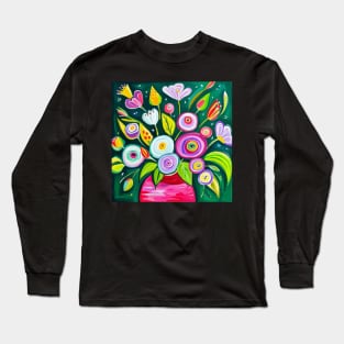 Cute Abstract Flowers in a Pink Vase Still Life Painting Long Sleeve T-Shirt